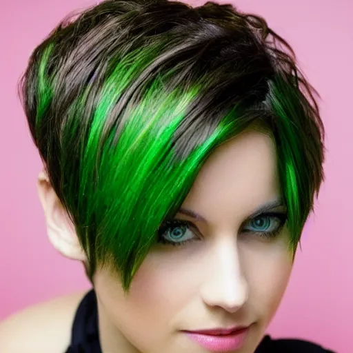 Image similar to brunette woman, short hair, flipped hairstyle, bright green eyes