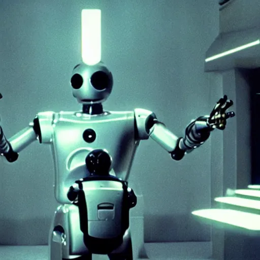 Prompt: movie still of robot michael jackson, cinematic composition, cinematic light, criterion collection, by edgar wright