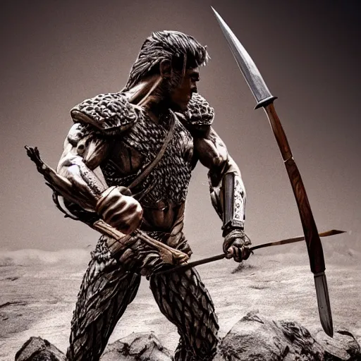 Prompt: muscular warrior with tree - bark skin wearing intricate stone and wood armor, holding halberd with laser blade, battlefield, highly detailed, dramatic lighting, cinematic, sci - fi, hyperrealistic, detailed