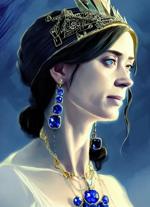 Image similar to portrait of emily blunt as witch queen, jewelry, greek, sapphire, victorian age, 1 8 9 0, intricate, headshot, key visual, conceptart, ambient lighting, highly detailed, digital painting, artstation, concept art, sharp focus, by makoto shinkai and akihiko yoshida and greg manchess