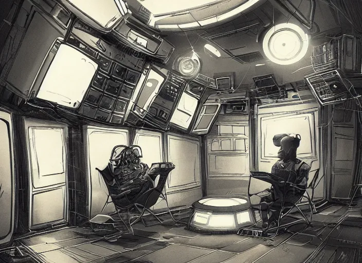 Image similar to a man sitting on a chair with things attached to his head, screens and monitors in front of him playing videos, ship interior, narrow hallway, scifi, dramatic lighting, dark, spotlight, concept art, surreal, by rutkowski, fuji choko