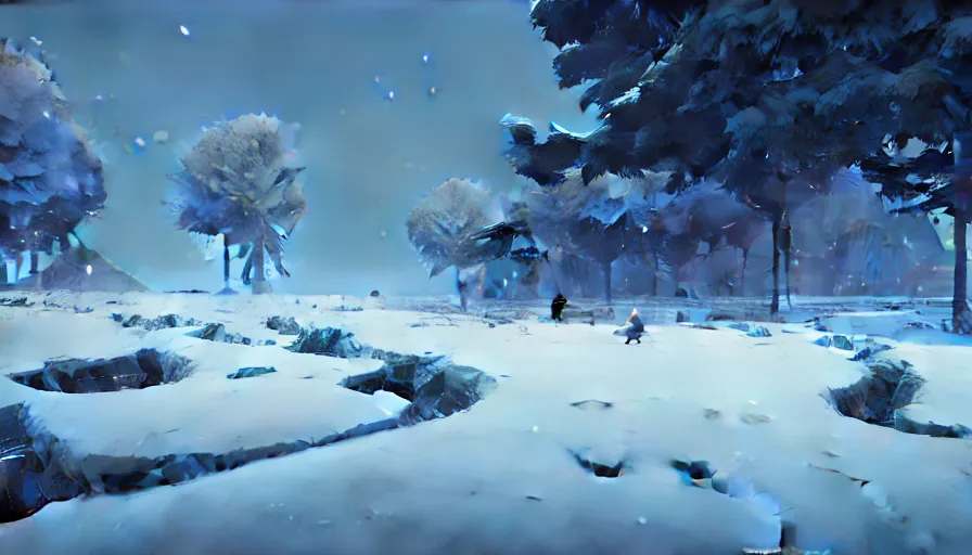 Image similar to highly detailed matte painting of a glistening snowy landscape by atey ghailan, by greg rutkowski, by greg tocchini, by james gilliard, by joe fenton, blue, brown, black and light blue color scheme, octane render