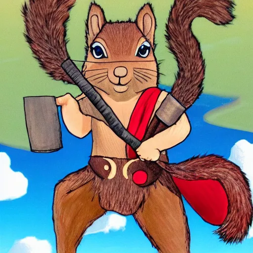 Image similar to a squirrel with thor outfit ~ holding his hammer ~ dramatic thunder background ~ trending ~