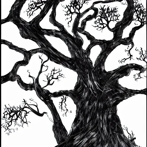 Prompt: dark trees illustration, dark fantasy, black ink on white paper, sketched 4k