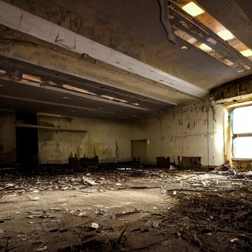 Prompt: A single light enlighten the scene of a abandoned and derelict space station.