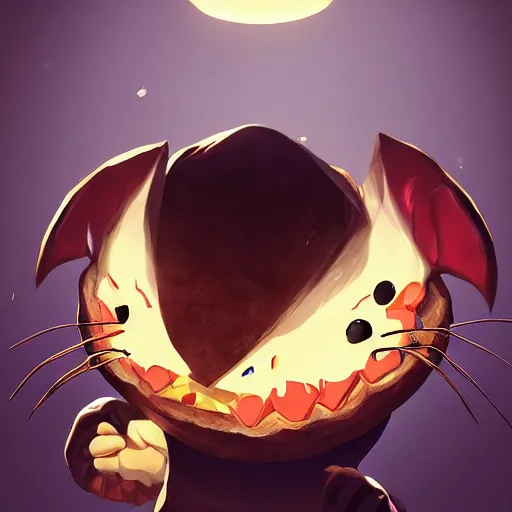 Image similar to deeply feared and terrified cat running away from the giant carnivorous sandwich, artstation hq, dark phantasy, stylized, symmetry, modeled lighting, detailed, expressive, true unsimulated emotions, created by hayao miyazaki