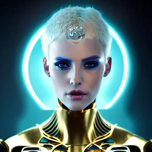 Image similar to futuristic woman android portrait, sci-fi female, striking azure eyes, face, short platinum hair, cyberpunk femme fatale, intricate, elegant lady with alabaster skin, highly detailed gold filigree, digital painting, artstation, concept art, smooth, sharp focus, illustration, studio photo by artgerm and greg rutkowski and alphonse mucha:3, overexposed, dark, gray, monochrome:-1