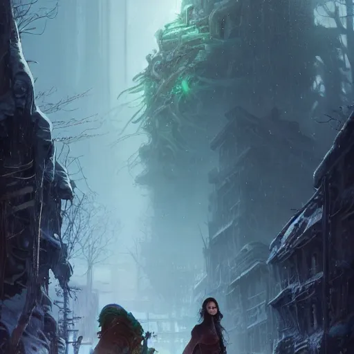 Prompt: young woman with wavy brown hair with a scar across his left eye is legendary, frostpunk, high detail, concept art, frosty, neon color, vivid color, floating particles, glowing green eyes, spiral smoke, background by john harris + andreas rocha, artwork by charlie bowater + artgerm + anato finnstark + ross tran