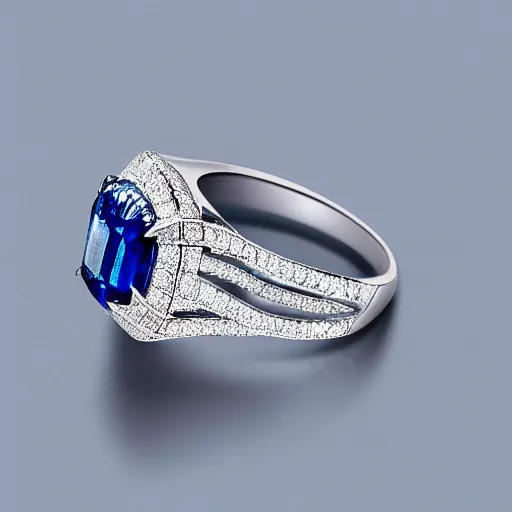 Image similar to wife wearing a ring with stunning 7 6 0 carat diamond adorned with blue sapphires