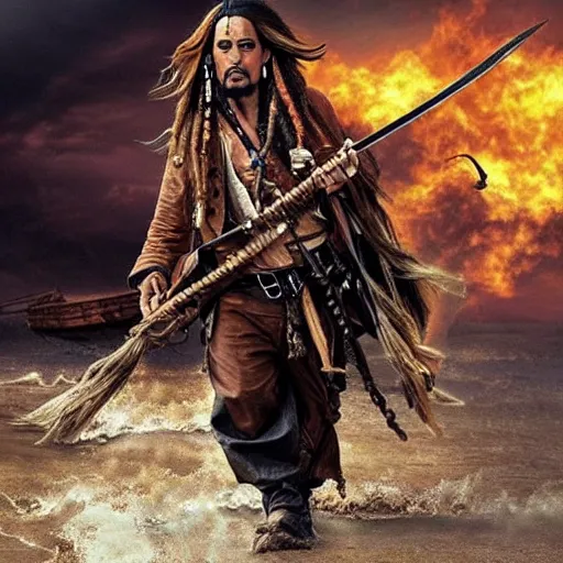 Image similar to jack sparrow running from an apocalyptic gang
