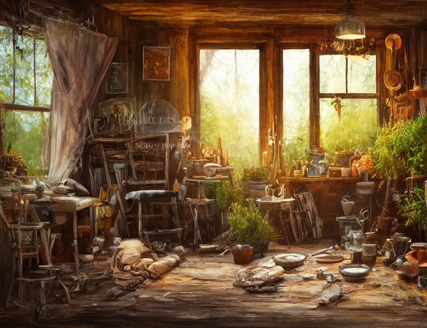 Image similar to expressive rustic oil painting, interior view of a cluttered herbalist cottage, waxy candles, wood furnishings, herbs hanging, wood chair, light bloom, dust, ambient occlusion, morning, rays of light coming through windows, dim lighting, brush strokes oil painting