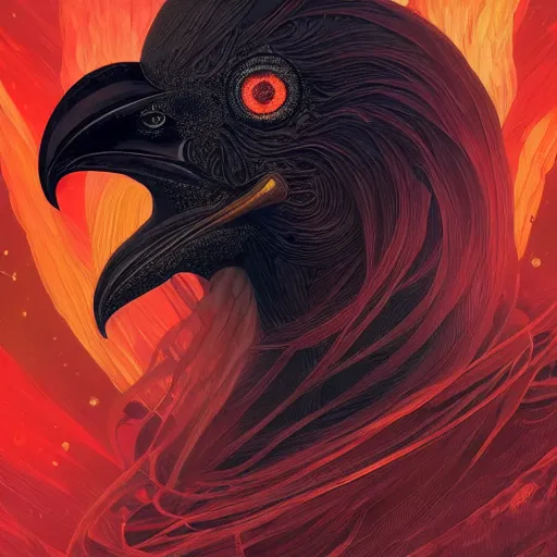 Prompt: Portrait of a Black Chicken in space, fire red comb, dark fantasy, intricate, elegant, highly detailed, digital painting, artstation, concept art, smooth, sharp focus, illustration, art by Sam Youn and Fernanda Suarez and Artem Demura and alphonse mucha