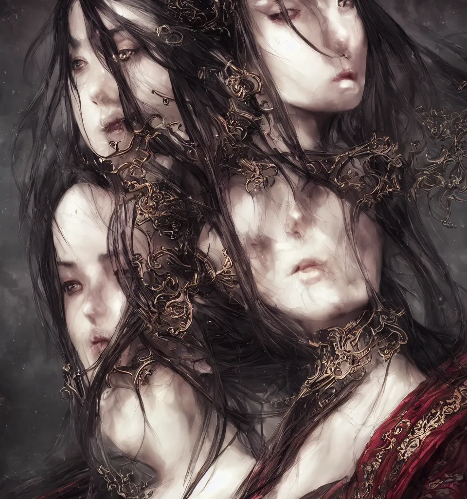 Image similar to a beautiful woman's face, wuxia, artgerm, elegant, concept art, gothic cathedral ， highly detailed, artstation, behance, deviantart, by wlop and ayami kojima, trending ， character concept post - processing