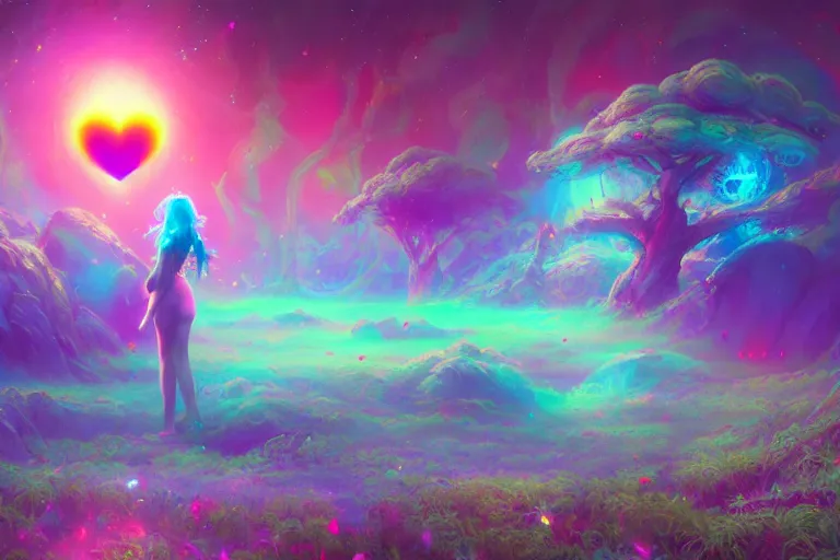 Prompt: a psychedelic realm made entirely out of love and acceptance | astral beings sharing love!!!! | in the style of greg rutkowski! | and wlop | and lisa frank! | and bob ross!!! | and ruan jia | illustration | epic | fantasy | hyper detailed | smooth | unreal engine | sharp focus | ray tracing