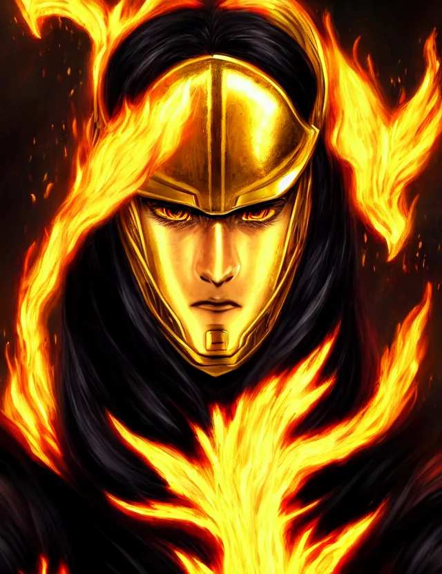 Image similar to a detailed manga portrait of a black haired man with hazel eyes in gleaming golden armour that burns with golden fire, trending on artstation, digital art, 4 k resolution, detailed, high quality, sharp focus, hq artwork, coherent, insane detail, character portrait