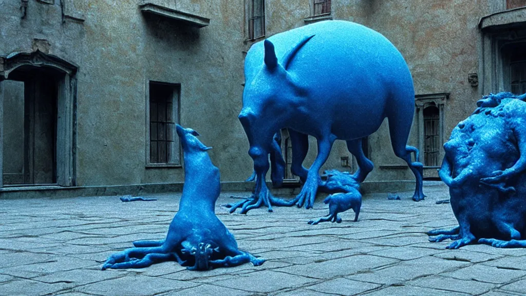 Image similar to the square creature in courtyard, made of blue liquid, surrounded by animals, film still from the movie directed by denis villeneuve and david cronenberg with art direction by salvador dali and zdzisław beksinski, wide lens