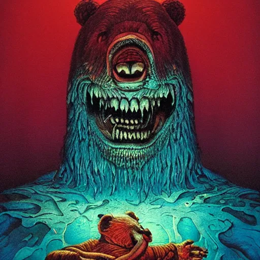 Prompt: undead bear, fluid, smooth, bright colours, high contrast, sharpness, beautiful, peaceful, very detailed, intricate, volumetric lighting, by giger and corben and moebius and beksinski and bosch and bacon