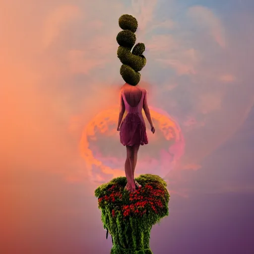 Image similar to A picture of a planet of various flowers, fungus and plants, in which the human figure is dressed in something magical and impressive, inside the picture is infinity, sunset light, Atmospheric phenomenon, artistic photography, muted colors, conceptual