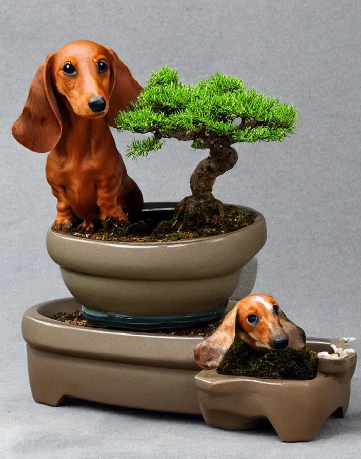 Prompt: Bonsai dachshund growing from a bonsai pot