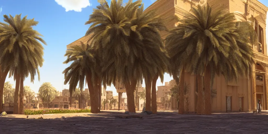 Image similar to khedival opera house, talaat Harb Square cairo, epic wide shot in unreal engine 5, beautiful clouds, dappled afternoon sunlight, acacia trees, date palm trees, shrubs, flowers, 4k, colorful, octane render, artstation