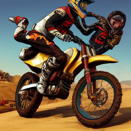 Prompt: motocross bike, gta 5 cover art, in borderlands style, celshading, trending on artstation, by jesper ejsing, rhads, makoto shinkai and lois van baarle, ossdraws