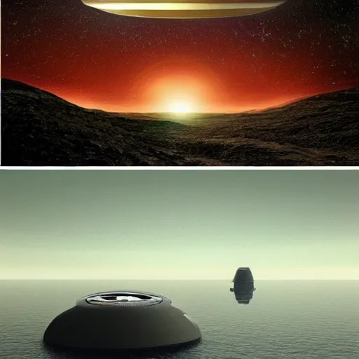 Prompt: spaceship starship battlestar by Alvar Aalto over sea, mountainous island, from interstellar by nolan