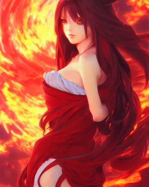 Image similar to red eyed beautiful long haired anime girl, dress in fire, full body photo, flames everywhere, highly detailed, digital painting, artstation, concept art, smooth, sharp focus, illustration, art by artgerm and greg rutkowski and alphonse mucha