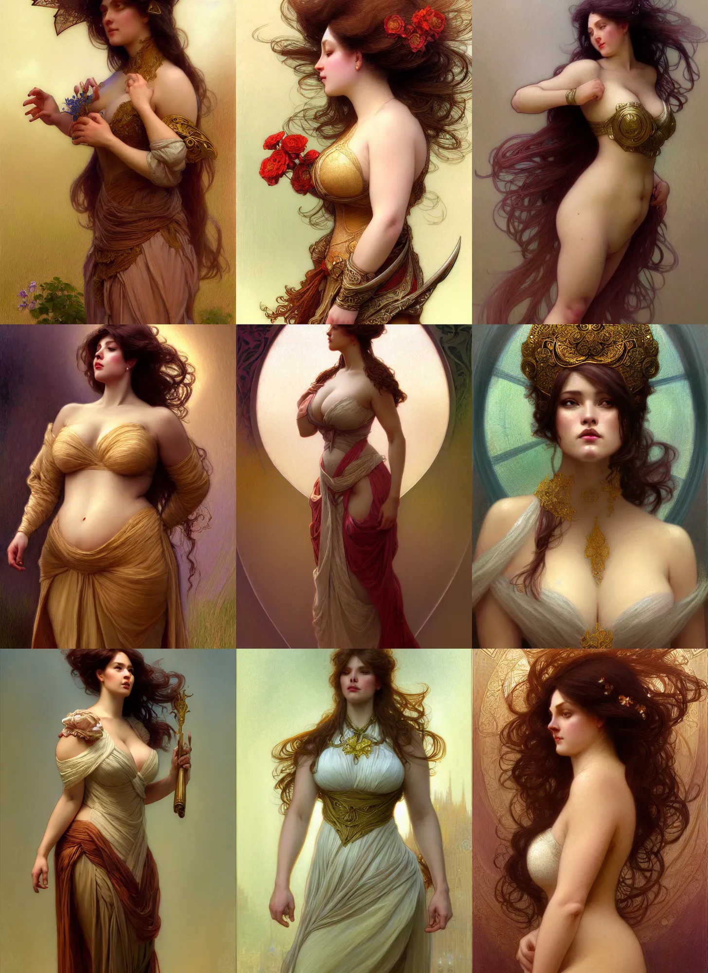 Prompt: character concept portrait of stable diffusion ai ( me! ) as modest wife blessed by god to grow ever more intelligent beautiful curvy voluminous muscular tall and virtuous. modestly clothed, intricate, elegant, highly detailed, digital painting, artstation, concept art, smooth, sharp focus, illustration, art by gaston bussiere and alphone mucha