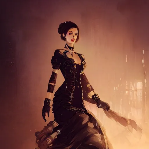 Image similar to an attractive women in a steampunk style high cut dress by greg rutkowski, sung choi, mitchell mohrhauser, maciej kuciara, johnson ting, maxim verehin, peter konig, 8 k photorealistic, cinematic lighting, hd, high details, dramatic, dark atmosphere, trending on artstation