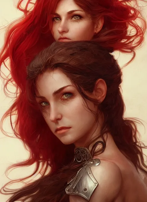 Prompt: portrait of a ruggedly handsome female cleric, soft hair, half body, leather, witchy, d & d, fantasy, intricate, elegant, highly detailed, digital painting, artstation, concept art, smooth, sharp focus, illustration, art by artgerm and greg rutkowski and alphonse mucha, plain red background