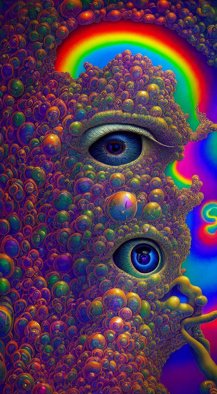 Image similar to hyperrealistic abstract close-up Renaissance psychedelic!! celestial happy! pure creature!! peaceful! kind spirit of nature! beautiful fractal!! eyes! highly detailed concept art eric zener elson peter cinematic hard rainbow lighting high angle hd 8k sharp shallow depth of field endless, inspired by Zdzisław Beksiński Salvador Dali