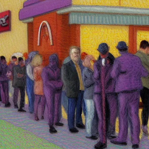 Prompt: Thanos waiting in line at a McDonalds, Post-impressionism