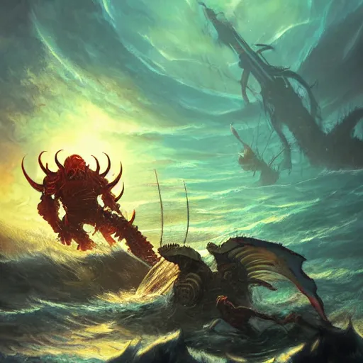 Image similar to Doomslayer fighting ocean demons, artstation, high detail