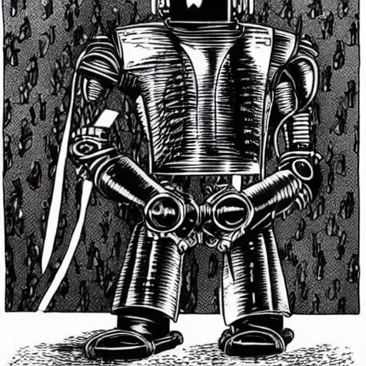 Image similar to robocop as one of the gashlycrumb tinies, edward gorey, black and white ink