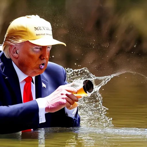 Image similar to national geographic professional photo of trump drinking from a watering hole, award winning