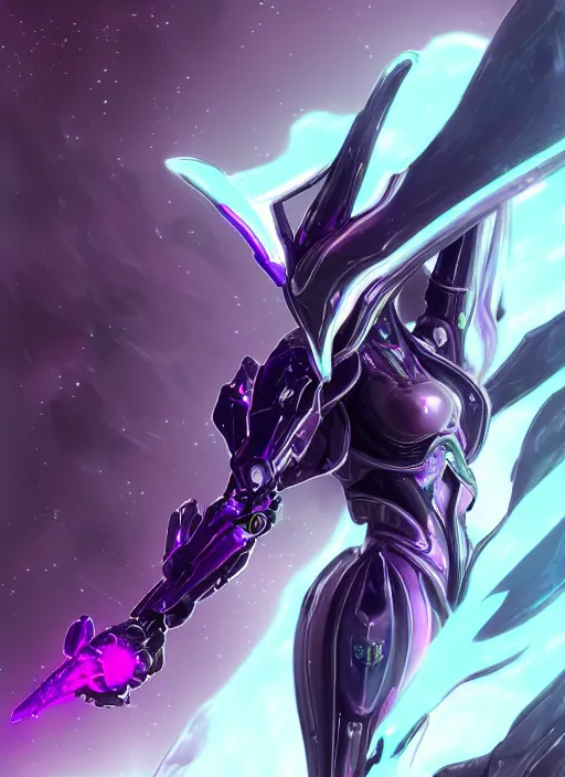 Image similar to cinematic close shot, galactic sized proportional stunning beautiful hot female warframe, sleek mecha goddess dragon head, metal ears, led purple eyes, smooth fuschia skin, smooth silver armor, floating in space, holding a galaxy, epic proportions, epic size, epic detail, furry art, dragon art, giantess art, warframe fanart, furaffinity, octane