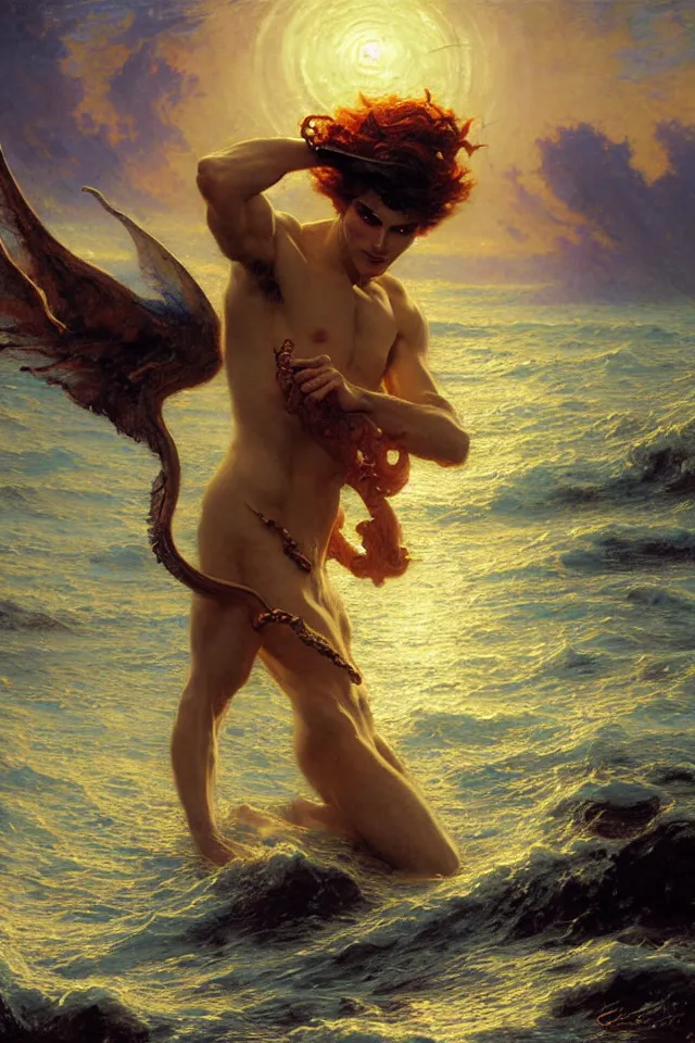 Prompt: attractive male siren, night star casting a spell summoning sea demons, highly detailed painting by gaston bussiere, craig mullins, j. c. leyendecker, 8 k