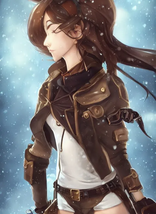 Image similar to girl with steampunk weapons and uniform, serious, finely detailed, made by artgerm, ross tran, full body portrait, illustration, snow, snowing, cloudy, anime, side view, perfect anime face, realistic face, zoomed out, smooth, brown eyes, high waisted shorts