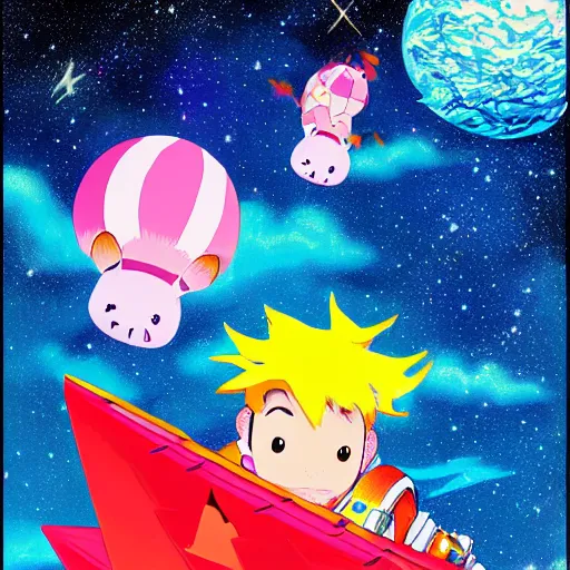 Prompt: Howl's Moving Candy Castle In Space With Flying Pigs, trending on pixiv