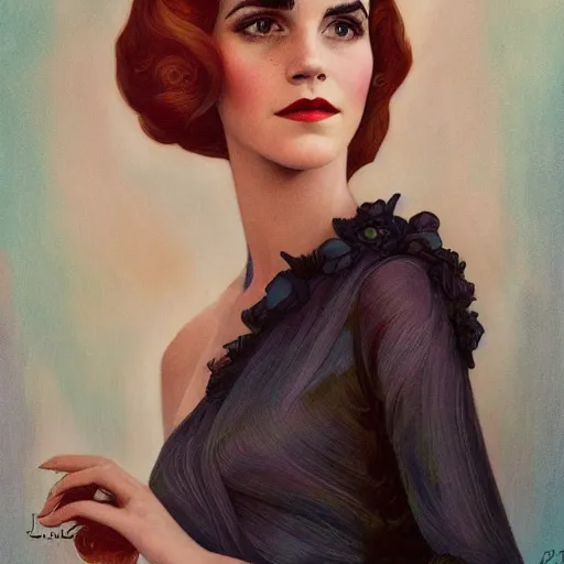 Image similar to a streamline moderne portrait of emma watson in the style of anna dittmann and donato giancola and charles dulac.