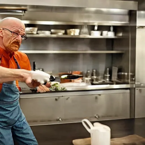 Prompt: Walter White cooking in a gourmet kitchen, photorealistic hd