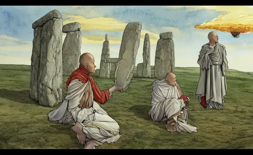 Image similar to a hyperrealist watercolor fantasy concept art of giant monk with a long forehead in grey robes sitting in stonehenge. in the background a ufo is in the sky. by rebecca guay, michael kaluta, charles vess