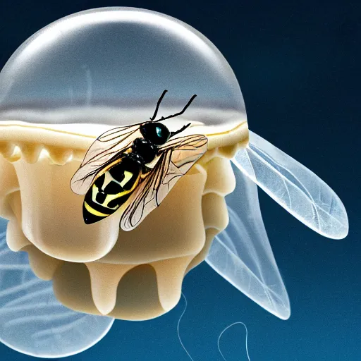 Image similar to a award winning photo of a wasp trapped inside a jellyfish, by national geografic, photorealism