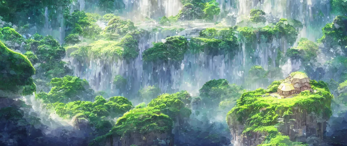 Image similar to a small crumbling island with waterfalls flowing off the island, floating in space, studio ghibli, digital art, detailed, depth of field