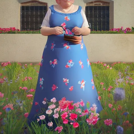 Image similar to of a very funny 3 d cinematic scene. a sweet fat old woman is in love with her self. flowery dress. symmetrical face, red mouth, blue eyes. a flowery dress. deep focus, lovely scene. ambient occlusion render. unreal engine. pencil and ink. goya painting style.