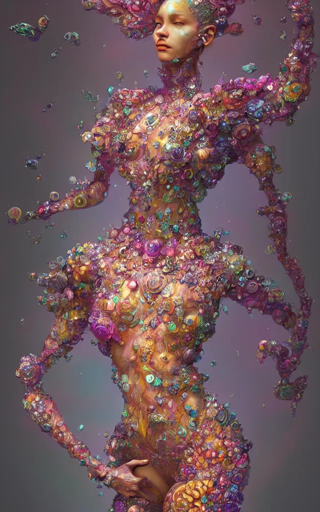 Prompt: a stunning rendition of full - body female sculpture made of fractal gems, fractal crystals, very intricate, hyper realistic, octane render, very colorful, vibrant, cinematic, amazing details, by james jean, by brian froud, by ross tran