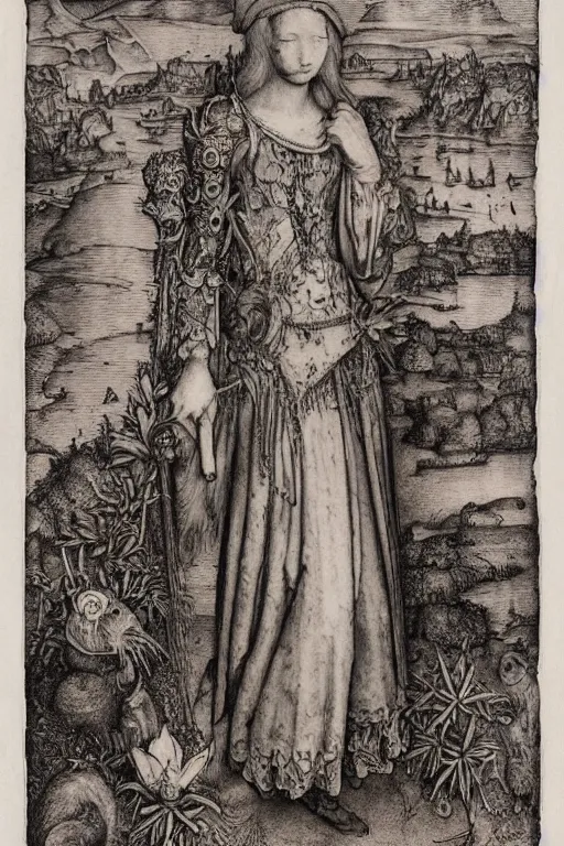 Prompt: albrecht durer, albrecht altdorfer, hans holbein, lucas cranach, gustave dore, engraving-style tattoo of regal female boddhisatva with the attributes of Diana, Athena, Guanyin, Shakti, Isthar, Deborah, and Seshat, wearing a robe, standing gracefully upon a lotus, surrounded by egrets and northern wetland flora