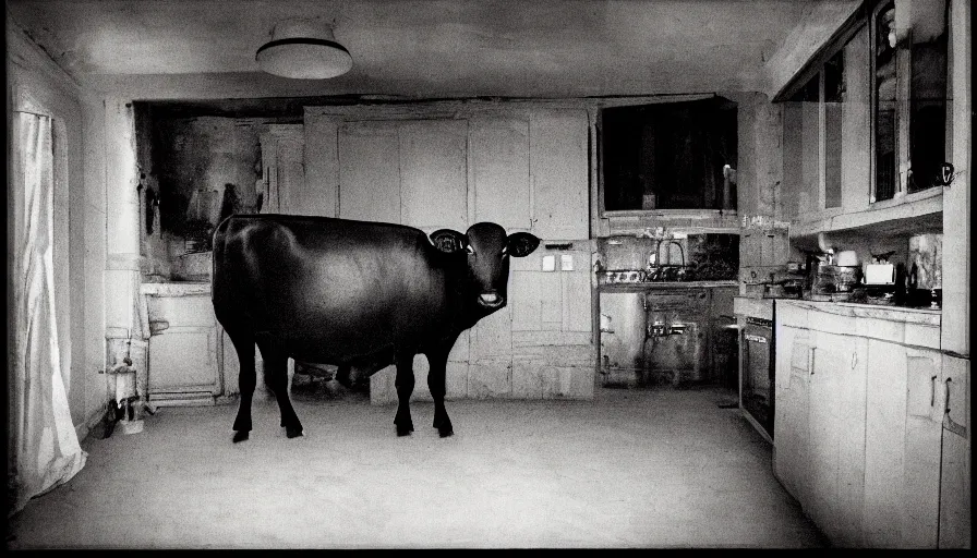 Prompt: a giants cow in a stalinist style kitchen, by mini dv camera, very very low quality, heavy grain, very blurry, accidental flash, caught on trail cam