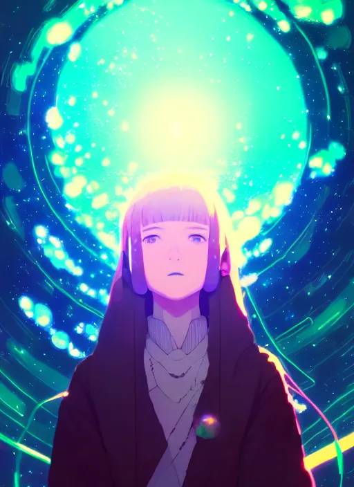 Image similar to portrait, very psychedelic space background illustration concept art anime key visual trending pixiv fanbox by wlop and greg rutkowski and makoto shinkai and studio ghibli and kyoto animation
