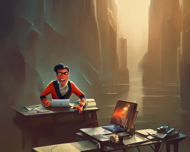 Image similar to an insanely detailed painting of a nerdy asian man wearing a superhero costume, sitting at a desk, staring at the nervously at the computer and typing, in the style of peter mohrbacher, dramatic lighting and composition, surreal background, octane render, pixar, trending on artstation, concept art, comic book, view from behind